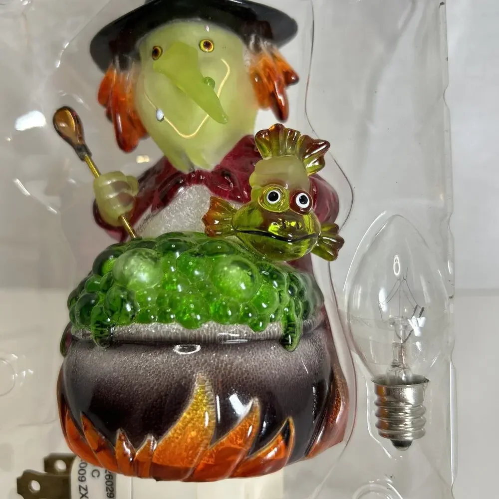Colorful Translucent Witch Holding Spoon & Fish & Green Bubbling Brew Nightlight